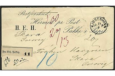 1885. Ufrankeret fortrykt adressebrev for pakke stemplet Kjøbenhavn PP d. 10.5.1885 til Skara, Sverige. Mange portopåtegninger.