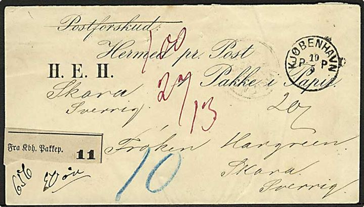 1885. Ufrankeret fortrykt adressebrev for pakke stemplet Kjøbenhavn PP d. 10.5.1885 til Skara, Sverige. Mange portopåtegninger.