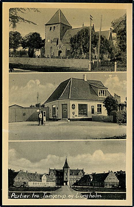 Partier fra Taagerup og Lungholm med Kirke, slot og købmand med benzinstander. H. Schmidt u/no. 