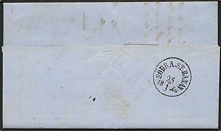 1866. Portobrev fra København d. 24.1.1866 med ovalt overnatningsstempel via Södra St:Banan til Ronneby, Sverige.