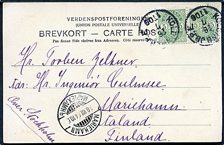 5 øre Våben i parstykke på brevkort annulleret med lapidar Kolding JB.P.E. d. 28.7.1904 via Stockholm til Mariehamn på Ålandsøerne. Ank.stemplet d. 30.7.1904.