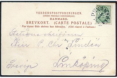 5 øre Våben på brevkort fra Helsingør annulleret med svensk bureaustempel OKXP No. 81A (= Helsingborg - Göteborg) d. 5.2.1905 til Linköping, Sverige.