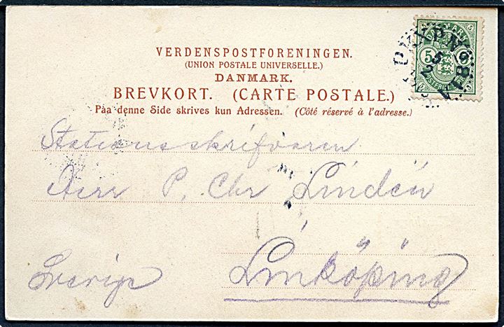 5 øre Våben på brevkort fra Helsingør annulleret med svensk bureaustempel OKXP No. 81A (= Helsingborg - Göteborg) d. 5.2.1905 til Linköping, Sverige.