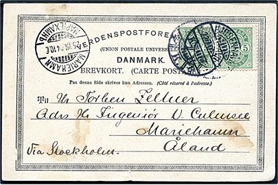 5 øre Våben på brevkort (Hilsen fra København, Studentersamfundets Bygning) fra Kjøbenhavn d. 22.7.1904 til Mariehamn på Ålandsøerne. Ank.stemplet d. 25.7.1904.