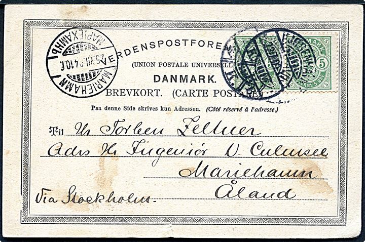 5 øre Våben på brevkort (Hilsen fra København, Studentersamfundets Bygning) fra Kjøbenhavn d. 22.7.1904 til Mariehamn på Ålandsøerne. Ank.stemplet d. 25.7.1904.