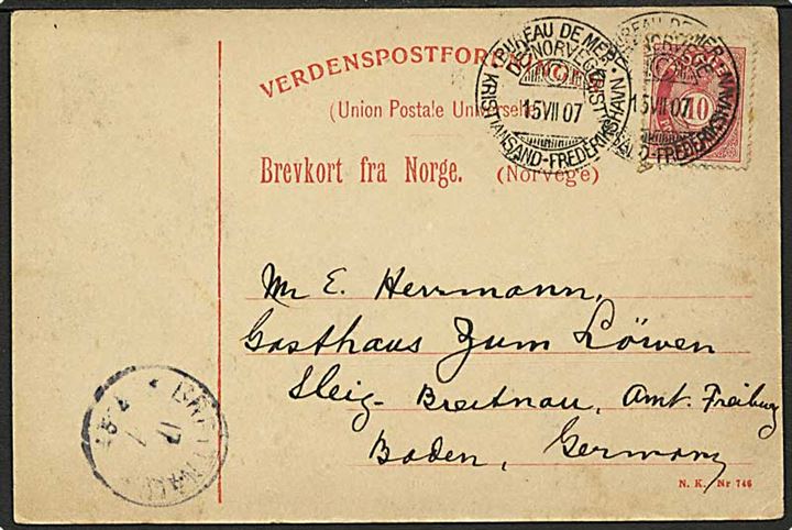10 øre Posthorn på brevkort annulleret med skibsstempel Bureau de Mer de Norvege / C / Kristiansand - Frederikshavn d. 15.7.1907 til Breitnau, Tyskland.