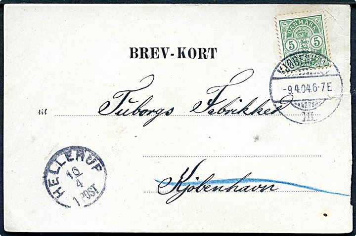 5 øre Våben på brevkort fra Nexø d. 8.4.1904 annulleret Kjøbenhavn d. 9.4.1904 til Tuborg i Hellerup. Vedr. retourgods afsendt med dampskibet S/S Hammershus.