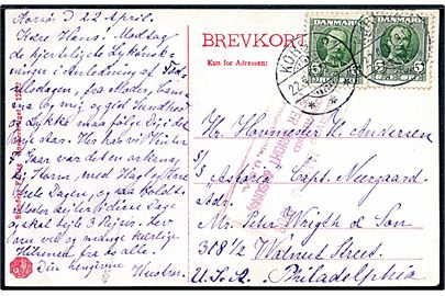 5 øre Fr. VIII i parstykke på brevkort (Pige spiller Djævlespil) fra Korsør d. 22.4.1908 til hovmester ombord på dampskibet S/S Astoria i Philadelphia, USA.