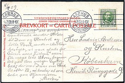 5 øre Fr. VIII på brevkort (Marselisborg slot) annulleret med maskinstempel Aarhus Landsudstill. d. 4.7.1909 til København.
