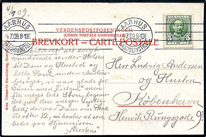5 øre Fr. VIII på brevkort (Marselisborg slot) annulleret med maskinstempel Aarhus Landsudstill. d. 4.7.1909 til København.