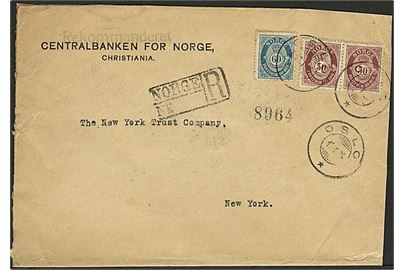 50 øre (par) og 60 øre Posthorn på anbefalet brev fra Oslo d. 17.1.1925 til New York, USA.