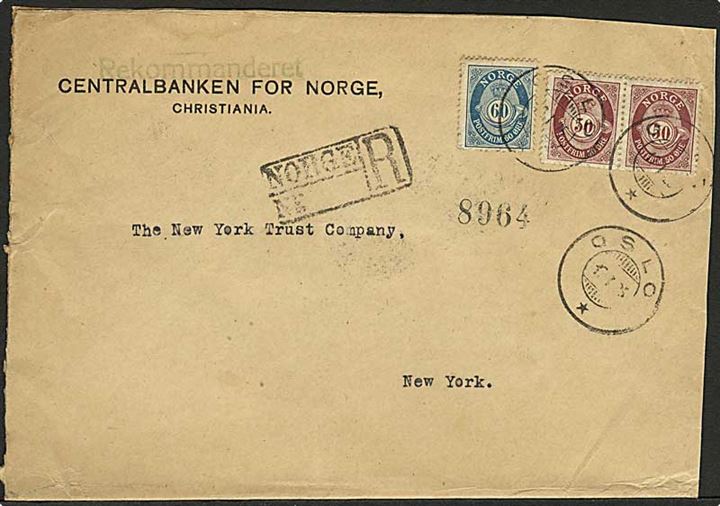 50 øre (par) og 60 øre Posthorn på anbefalet brev fra Oslo d. 17.1.1925 til New York, USA.