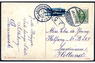 5 øre Fr. VIII på brevkort sendt som tryksag fra Silkeborg d. 29.6.1908 til Loosduinen, Holland. Fejlagtigt udtakseret i porto med rammestempel Utilstrækkelig frankeret.