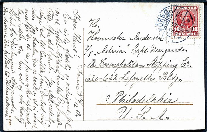 10 øre Fr. VIII på brevkort fra Korsør d. 15.12.1909 til hovmester ombord på dampskibet S/S Astoria i Philadelphia, USA.
