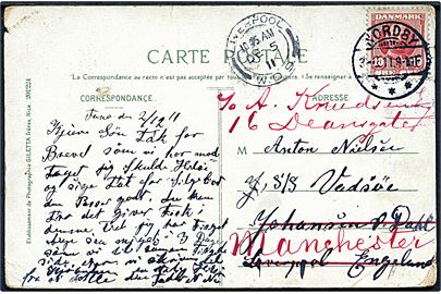 10 øre Fr. VIII på brevkort stemplet Nordby d. 3.12.1911 til sømand ombord på dampskibet S/S Vadsöe i Liverpool, England - eftersendt til Manchester.