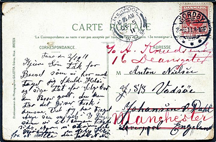 10 øre Fr. VIII på brevkort stemplet Nordby d. 3.12.1911 til sømand ombord på dampskibet S/S Vadsöe i Liverpool, England - eftersendt til Manchester.