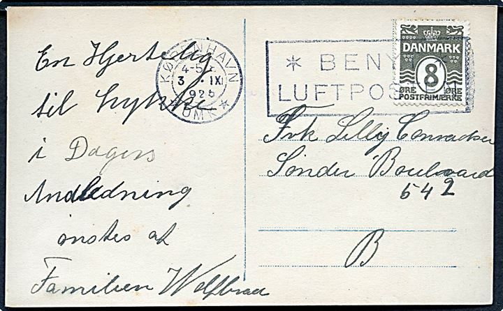 8 øre Bølgelinie på lokalt brevkort annulleret med TMS København *OMK* / * Benyt * Luftposten d. 3.9.1925.