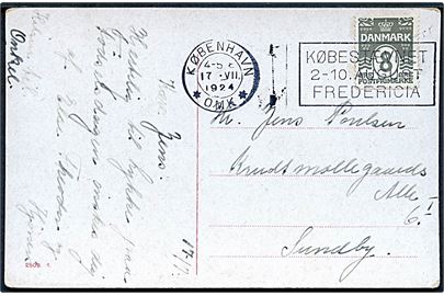 8 øre Bølgelinie på lokalt brevkort annulleret med TMS København *OMK* / Købestævnet 2-10. August Fredericia d. 17.7.1924 til Sundby.