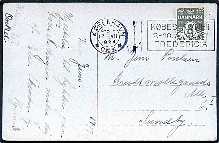 8 øre Bølgelinie på lokalt brevkort annulleret med TMS København *OMK* / Købestævnet 2-10. August Fredericia d. 17.7.1924 til Sundby.