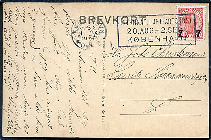 7/20 øre Provisorium på lokalt brevkort annulleret med TMS København *OMK* / Internat. Luftfartsudst. 20. Aug. - 2. Sept. København d. 1.9.1927.