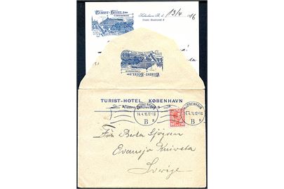 10 øre Chr. X på illustreret Hotelkuvert fra Turist-Hotel med langt brev på illustreret brevpapir stemplet Kjøbenhavn d. 14.4.1916 til Ovansjö Knivsta, Sverige.