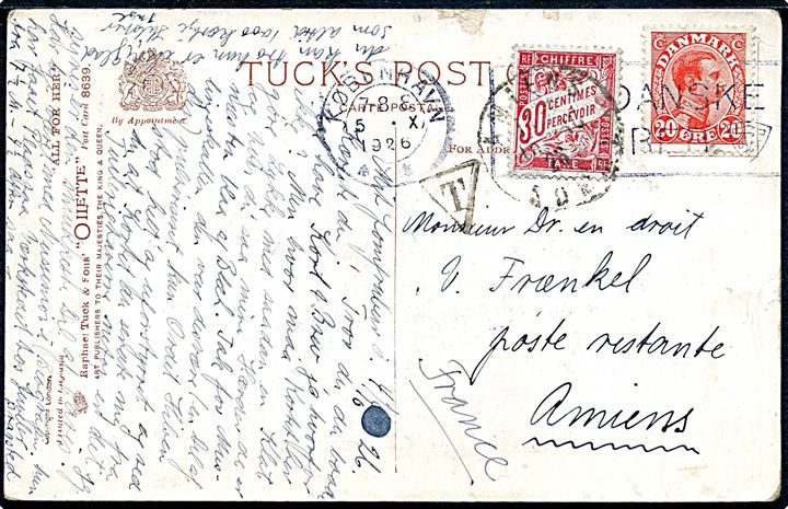 20 øre Chr. X på brevkort fra København d. 5.10.1926 til poste restante i Amiens, Frankrig. Påsat fransk 30 c. portomærke stemplet d. 16.10.1926.