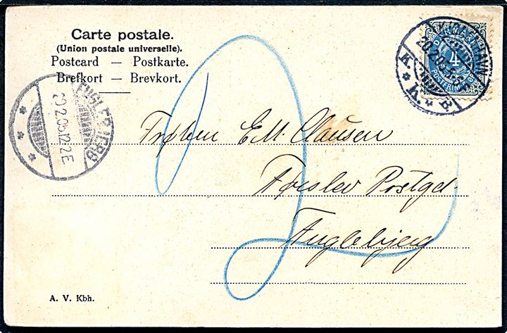 4 øre Tofarvet vm. III på underfrankeret brevkort (Hilma Borg: Dansende børn) fra Kjøbenhavn d. 20.2.1905 til Fuglebjerg. Udtakseret i 2 øre porto.