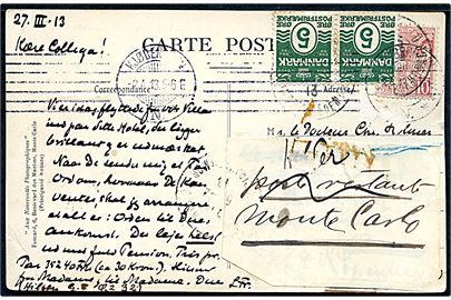 10 c. single på brevkort fra Monte Carlo d. 27.3.1913 til København, Danmark. Opfrankeret med 5 øre Bølgelinie i parstykke og eftersendt fra Kjøbenhavn d. 2.4.1913 til poste restante i Monte Carlo, Monaco.