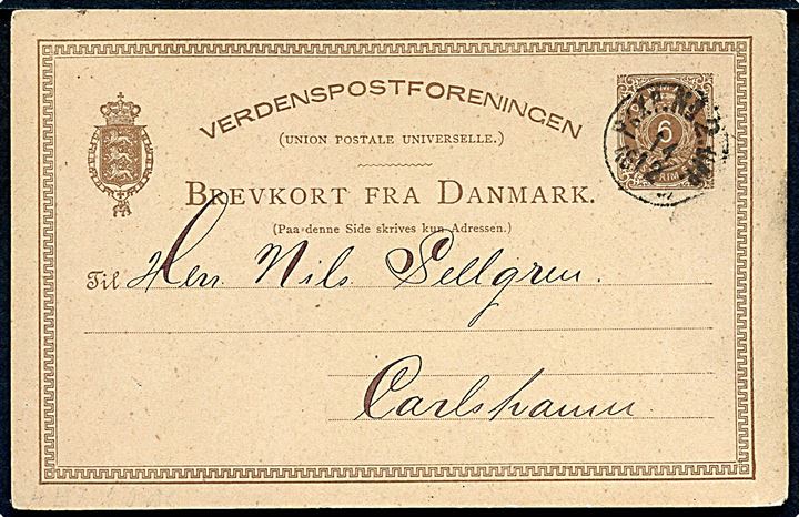 6 øre helsagsbrevkort fra København annulleret med svensk bureaustempel PKXP No. 2 UPP d. 14.12.1884(?) til Carlshamn.