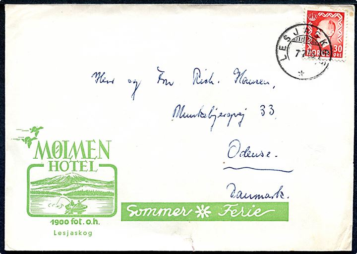 30 øre Haakon på illustreret kuvert fra Mølmen Hotel stemplet Lesjaskog d. n7.7.1955 til Odense, Danmark.