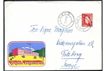 30 øre Haakon på illustreret kuvert fra Sjusjöens Höifjellshotell stemplet Sjusøen d. 17.2.1953 til Göteborg, Sverige.