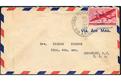 Amerikansk 6 cents Transport på luftpostbrev annulleret med feltpoststempel U. S. Army Postal Service A.P.O. 228 (= Antwerpen, Belgien) d. 19.7.1945 til Brooklyn, USA. Sendt fra norsk skibskaptajn T. Kvamme c/o W.S.A. (= War Shipping Administration) Antwerp.