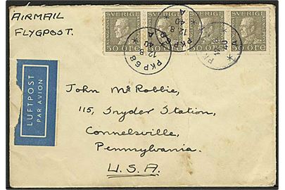 50 öre Gustaf i 4-stribe på luftpostbrev annulleret med bureaustempel PKP 68 d. 12.8.1940 til Connellsville, USA. Uden censur. 