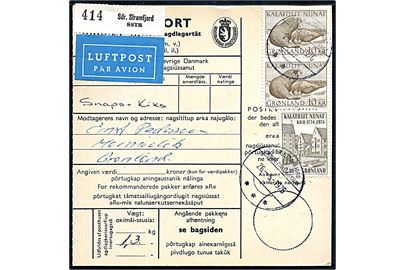 2 kr. KGH og 10 kr. Hvalrosser (par) på 22 kr. frankeret adressekort for luftpostpakke fra Sdr. Strømfjord d. 26.5.1976 til Marmorilik.