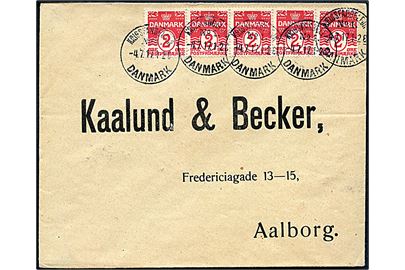 2 øre Bølgelinie i vandret 5-stribe på brev annulleret med brotype IIIb Krigsfangelejr No. 1 Danmark d. 4.7.1917 til Aalborg. Stempel benyttet i lazaretlejren i Horserød ved Helsingør.