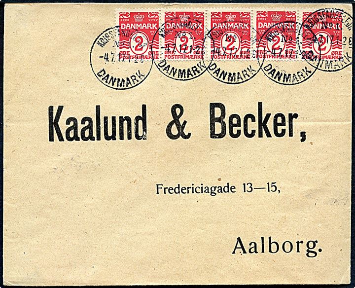 2 øre Bølgelinie i vandret 5-stribe på brev annulleret med brotype IIIb Krigsfangelejr No. 1 Danmark d. 4.7.1917 til Aalborg. Stempel benyttet i lazaretlejren i Horserød ved Helsingør.