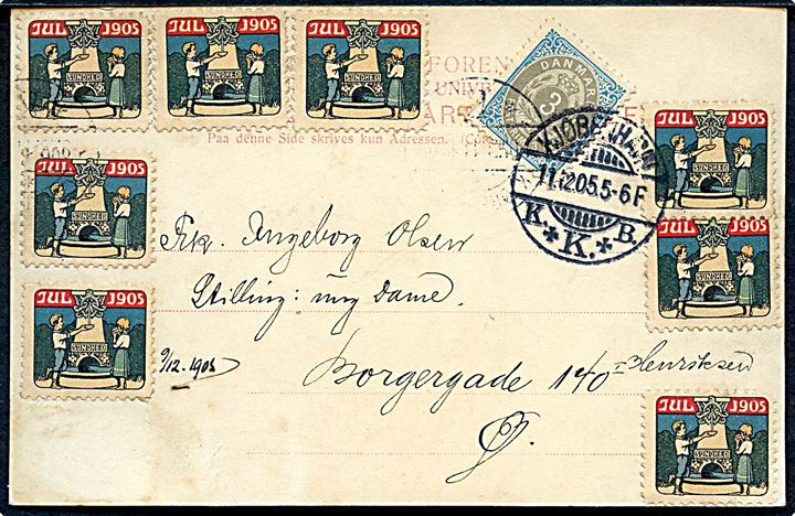 3 øre Tofarvet og Julemærke 1905 (8) på lokalt brevkort (Prinsesserne Louise, Ingeborg og Thyra) i Kjøbenhavn d. 11.12.1905.