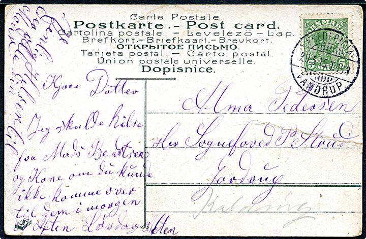 5 øre Chr. X på brevkort annulleret med bureaustempel Fredericia - Vamdrup T.943 d. 29.5.1915 til Jordrup pr. Kolding.