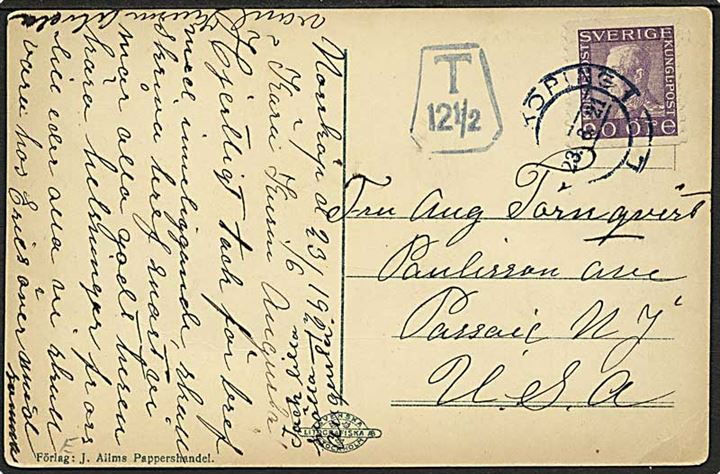 20 öre Gustaf på underfrankeret brevkort fra Norrköping d. 23.6.1921 til USA. Portostempel: T 12½.