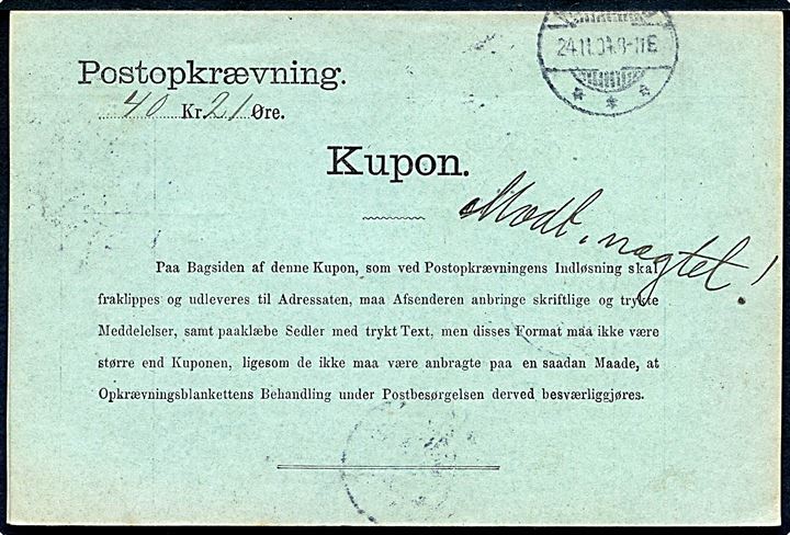 10 øre Chr. IX og 20 øre Våben på retur Postopkrævning fra Kolding d. 24.11.1904 til Hjørring.