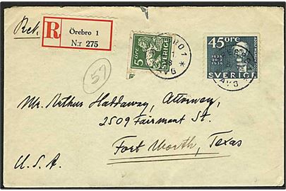 5 öre Løve og 45 öre Postjubilæum på anbefalet brev fra Öre bro d. 5.1.1938 til Fort Worth, USA.