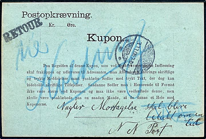 15 øre Våben og 20 øre Chr. IX på retur Postopkrævning fra Kolding d. 13.1.1906 til Rødkjærsbro.