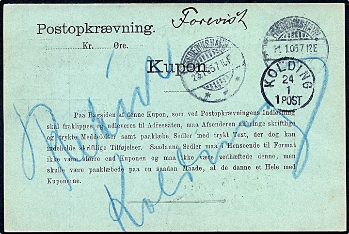 5 øre Våben og 10 øre Chr. IX (3) på retur Postopkrævning fra Kolding d. 11.1.1906 til Tolne pr. Frederikshavn.