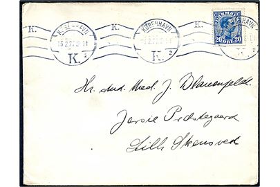 20 øre Chr. X med automatafskæring på brev fra København d. 13.2.1922 til Jersie Præstegaard pr. Lille Skensved.