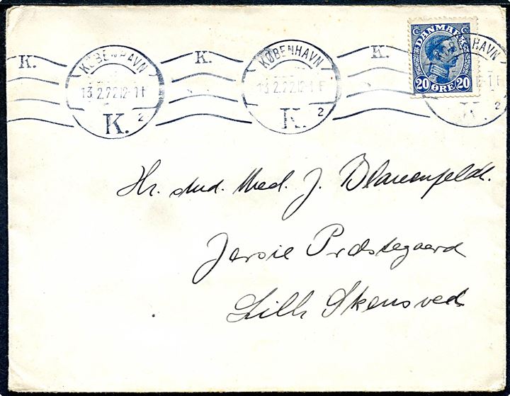 20 øre Chr. X med automatafskæring på brev fra København d. 13.2.1922 til Jersie Præstegaard pr. Lille Skensved.