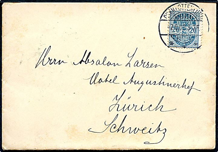 20 øre Våben på brev fra Charlottenlund d. 7.6.1903 til Zürich, Schweiz.