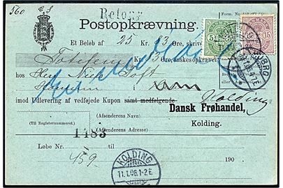 5 øre og 15 øre Våben på retur Postopkrævning fra Kolding d. 11.1.1906 til Hobro.