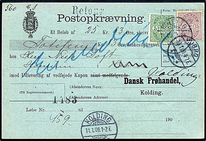 5 øre og 15 øre Våben på retur Postopkrævning fra Kolding d. 11.1.1906 til Hobro.