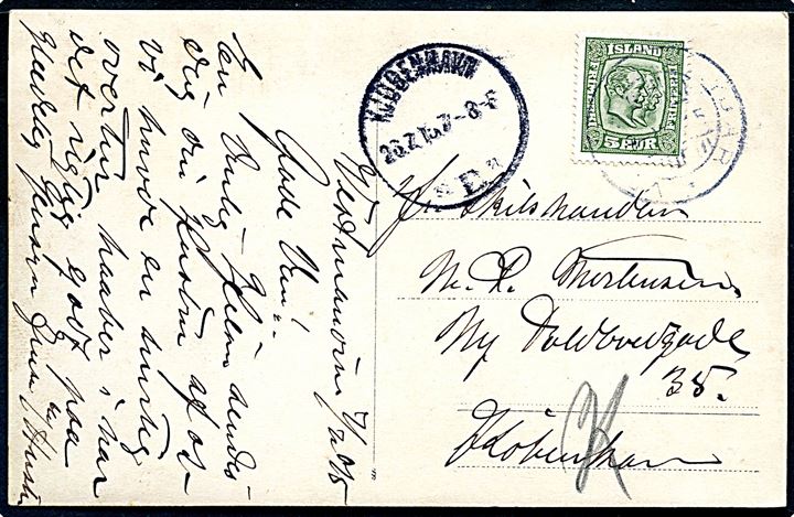 5 aur To Konger på brevkort (Havnebrand i Reykjavik d. 25.4.1915) fra Vestmannaeyjar d. 7.7.1915 til København, Danmark. Ank.stemplet i Kjøbenhavn d. 26.7.1915.