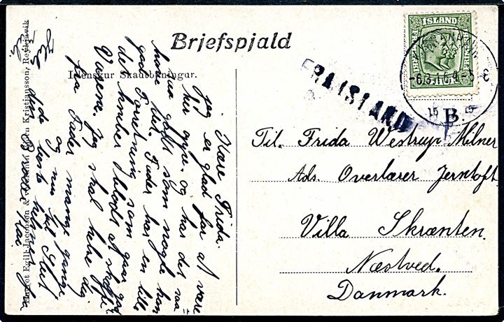 5 aur To Konger på brevkort (Islandsk Brud) annulleret med dansk stempel i Kjøbenhavn d. 6.3.1916 og sidestemplet med skibsstempel Fra Island til Næstved. 